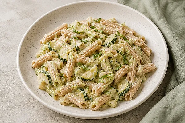 Dinkelnudeln mit heller Zucchinicreme und Basilikum in einem tiefen Teller.