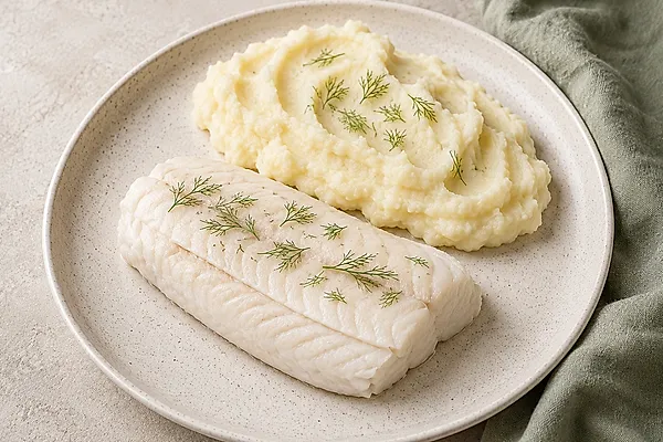 Gedämpftes Zanderfilet auf Kartoffelpüree mit Dill auf einem hellen Teller.