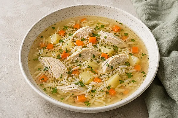 Klare Hähnchen-Reis-Suppe mit Möhren in einer hellen Schale.