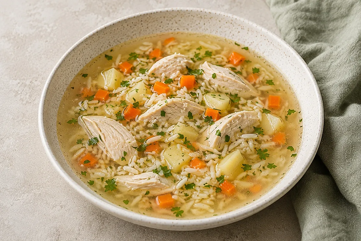 Klare Hähnchen-Reis-Suppe mit Möhren in einer hellen Schale.