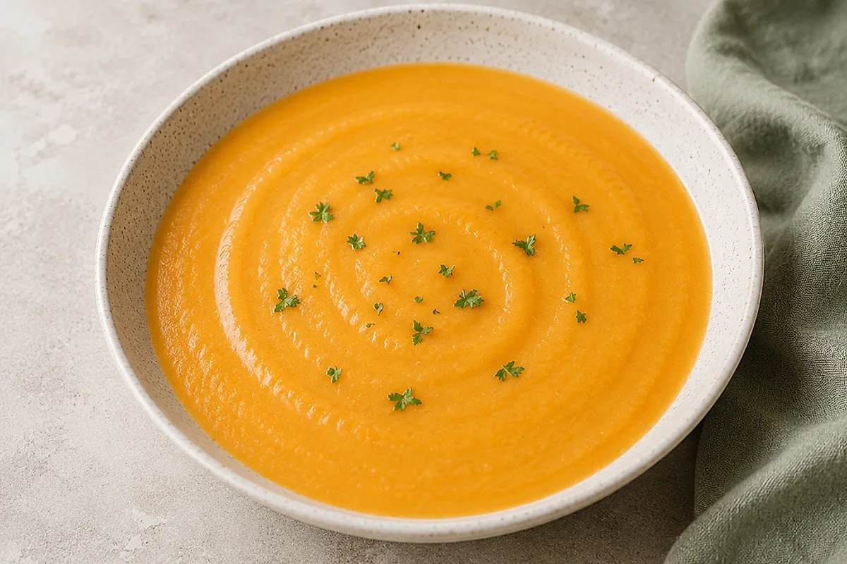 Cremige orange Möhrensuppe in einer hellen Schale, warm angerichtet.