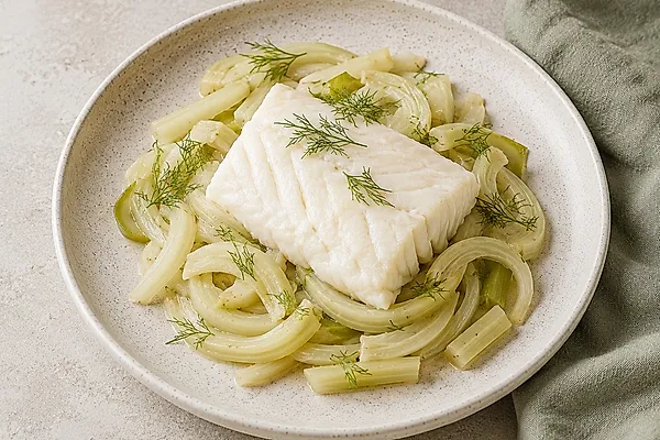 Gedünstetes Kabeljaufilet auf weichem Fenchel mit Kartoffeln, mit Dill bestreut.