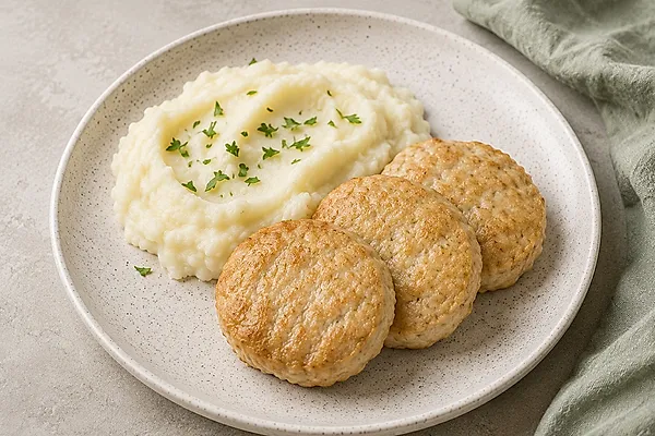 Im Ofen gebackene Putenfrikadellen neben cremigem Kartoffelpüree auf einem hellen Teller.