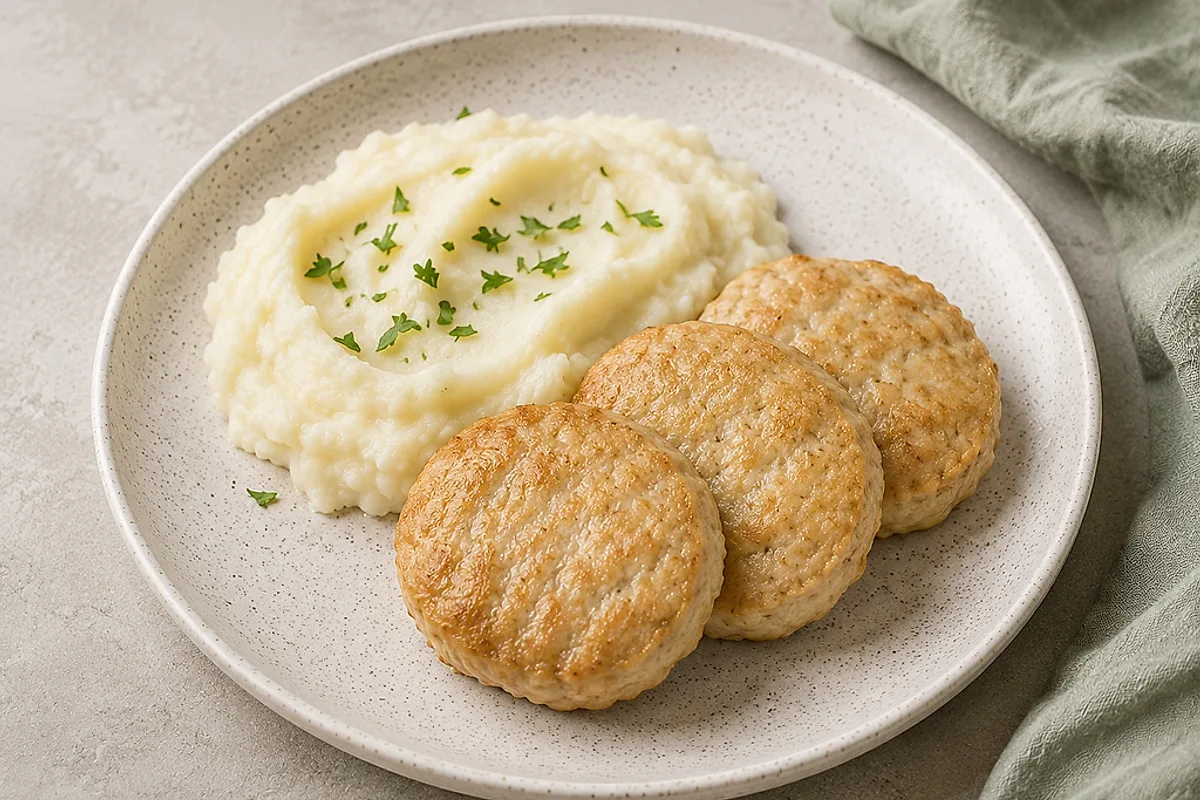 Im Ofen gebackene Putenfrikadellen neben cremigem Kartoffelpüree auf einem hellen Teller.