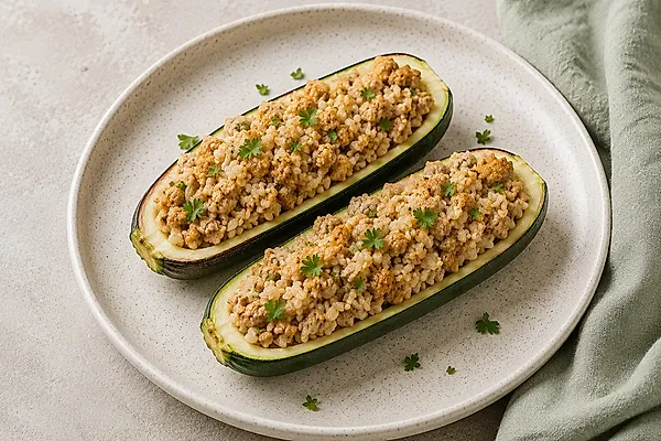 Gefüllte Zucchinihälften mit Reis-Pute-Füllung in einer Auflaufform.