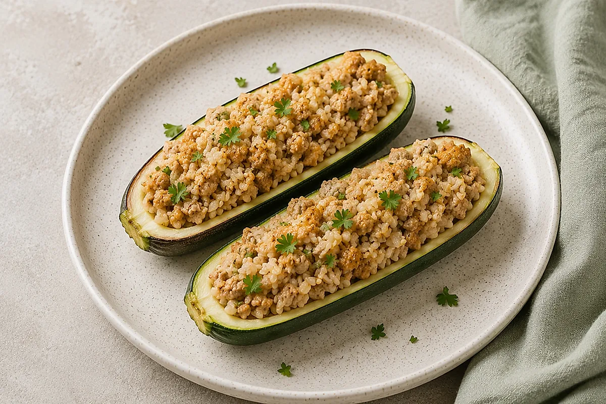 Gefüllte Zucchinihälften mit Reis-Pute-Füllung in einer Auflaufform.