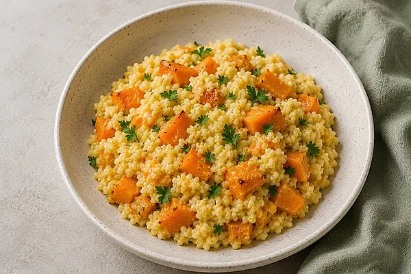 Cremiges Hirse-Risotto mit weichen Kürbisstücken in einer hellen Schale.