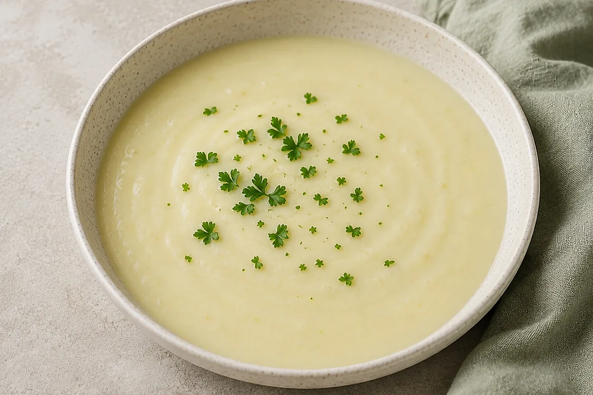 Cremige helle Kartoffel-Lauch-Suppe in einer hellen Schale, mit Petersilie bestreut.