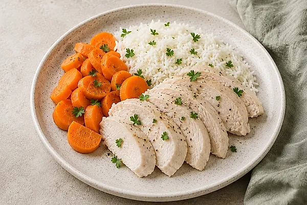 Aufgeschnittenes gedämpftes Hähnchenfilet mit Basmatireis und Möhrenstiften auf einem hellen Teller.