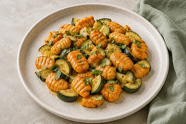 Süßkartoffel-Gnocchi mit weichen Zucchiniwürfeln und etwas Basilikum in einer hellen Schale.