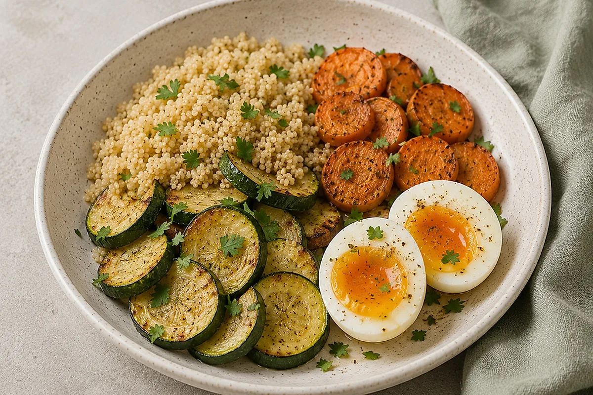 Bowl mit Quinoa, weich gebackener Zucchini und Möhre sowie einem halbierten Ei auf hellem Grund.