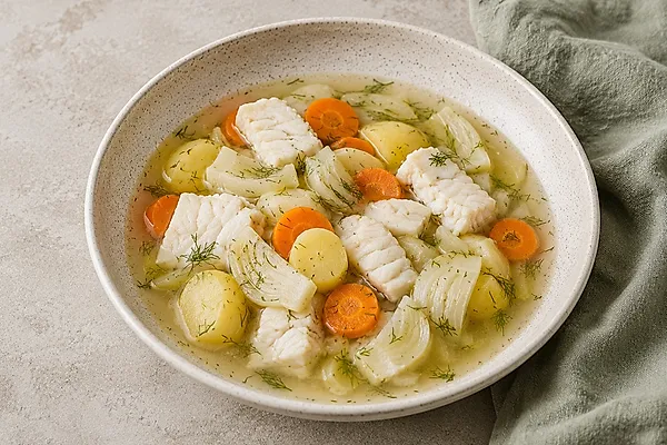 Klare Fischsuppe mit Kartoffel-, Möhren- und Fenchelstücken und zartem Fisch in einem hellen Teller.