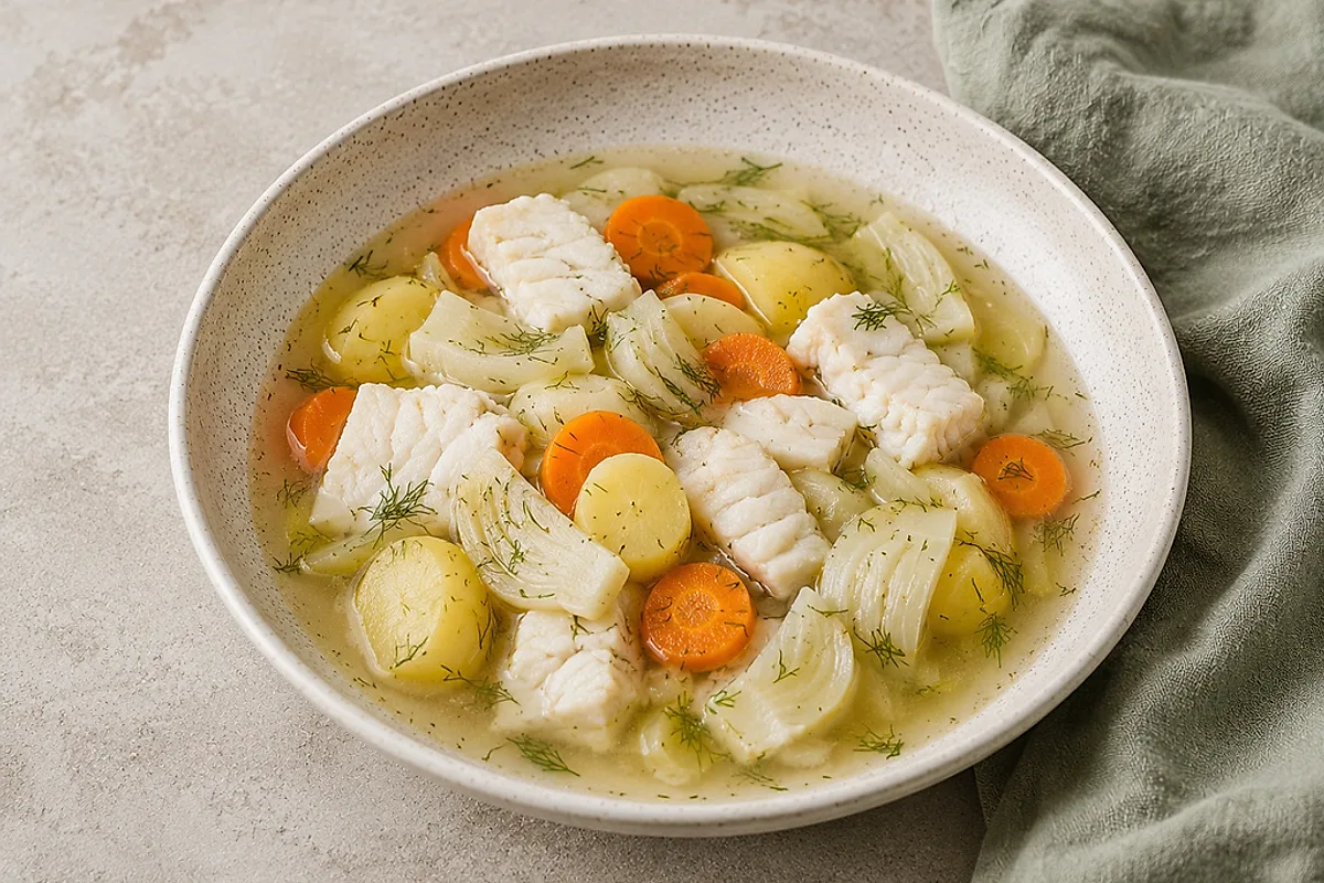 Klare Fischsuppe mit Kartoffel-, Möhren- und Fenchelstücken und zartem Fisch in einem hellen Teller.