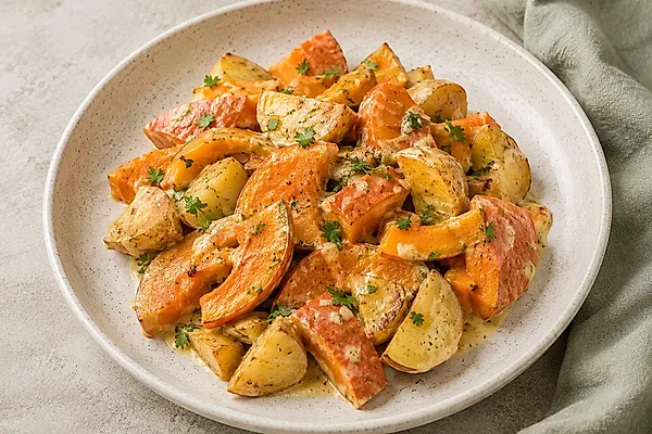 Kürbis- und Kartoffelwürfel in cremiger heller Sauce mit Petersilie in einer flachen Pfanne.