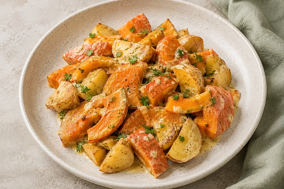 Kürbis- und Kartoffelwürfel in cremiger heller Sauce mit Petersilie in einer flachen Pfanne.