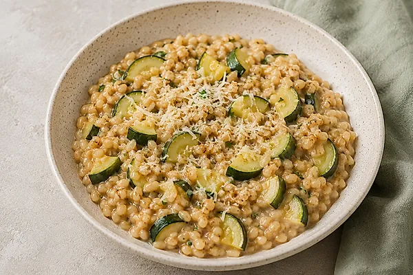 Cremiges Dinkelrisotto mit weichen Zucchiniwürfeln in einem hellen tiefen Teller.
