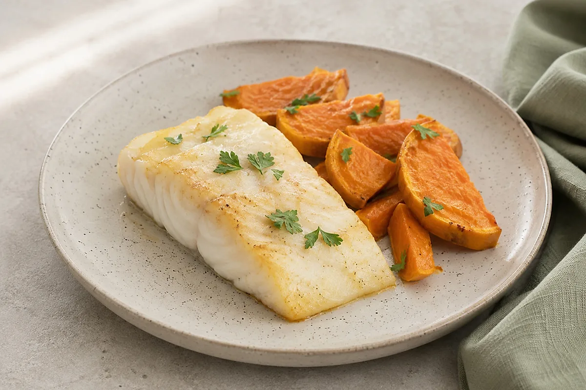 Gebackenes Kabeljaufilet mit weichen Süßkartoffelspalten und Petersilie auf einem hellen Teller.