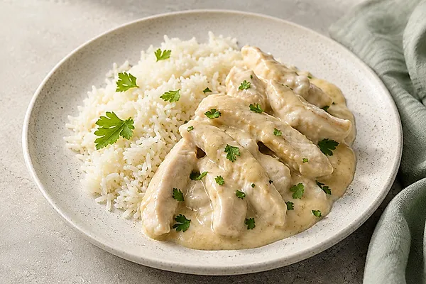 Putengeschnetzeltes in heller Sauce neben Basmatireis auf einem hellen Teller.