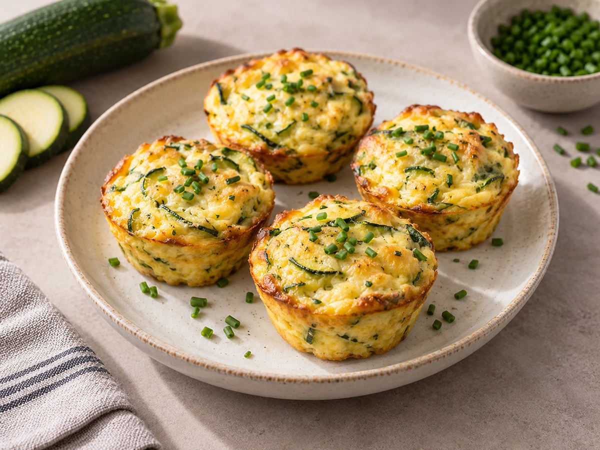 Goldgelbe Rührei-Muffins mit grünen Zucchini- und Schnittlaucksprenkeln in einer Muffinform.