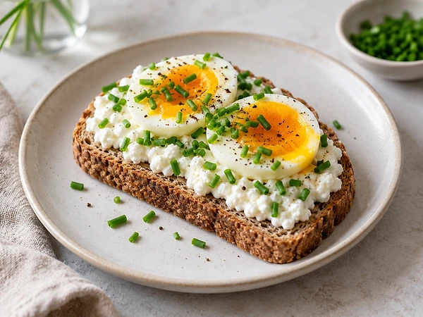 Zwei Scheiben Dinkeltoast mit Hüttenkäse und halbierten wachsweichen Eiern, bestreut mit Schnittlauch.