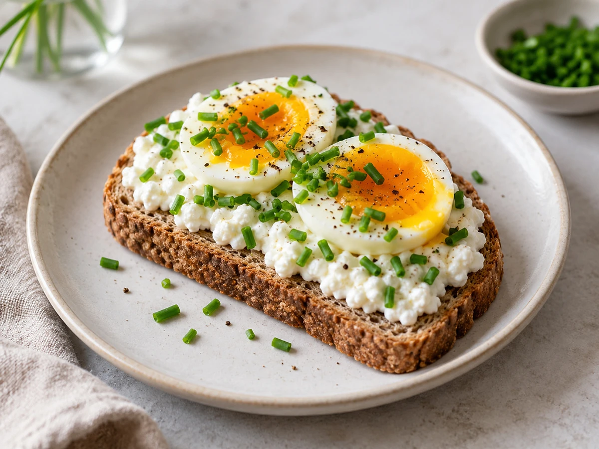 Zwei Scheiben Dinkeltoast mit Hüttenkäse und halbierten wachsweichen Eiern, bestreut mit Schnittlauch.