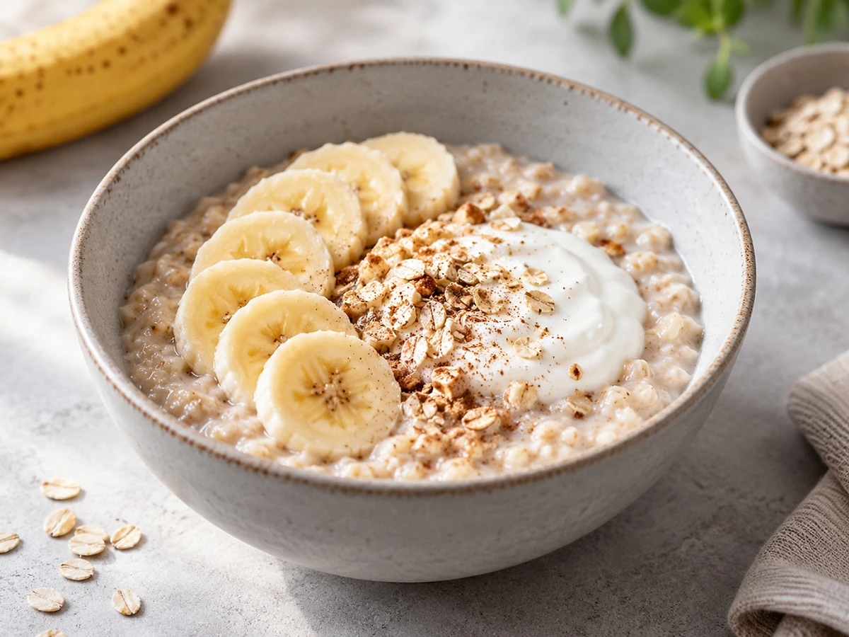 Schale mit cremigem Haferporridge, Skyr untergerührt und Bananenscheiben obenauf.