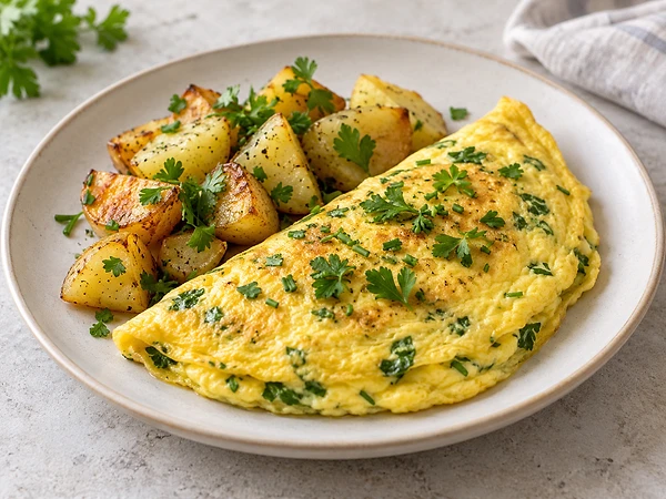 Weiches Kräuter-Omelett mit Kartoffelwürfeln in einer beschichteten Pfanne, bestreut mit Petersilie und Schnittlauch.