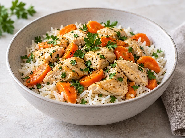 Schale mit weißem Basmatireis, hellen Hähnchenstücken und orangefarbenen Möhrenstiften, bestreut mit Petersilie.