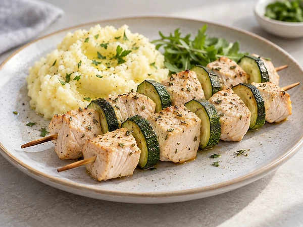Ofen-Putenspieße mit Zucchini neben cremigem Kartoffelpüree auf einem Teller