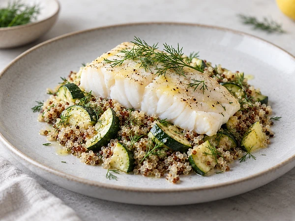 Gedämpftes Kabeljaufilet auf Quinoa mit gewürfelter Zucchini, bestreut mit Dill.