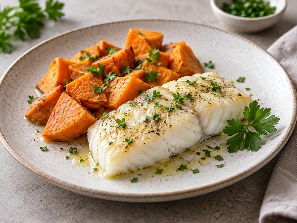Helles Seelachsfilet neben goldenen Süßkartoffelspalten auf einem Backblech, bestreut mit Petersilie.