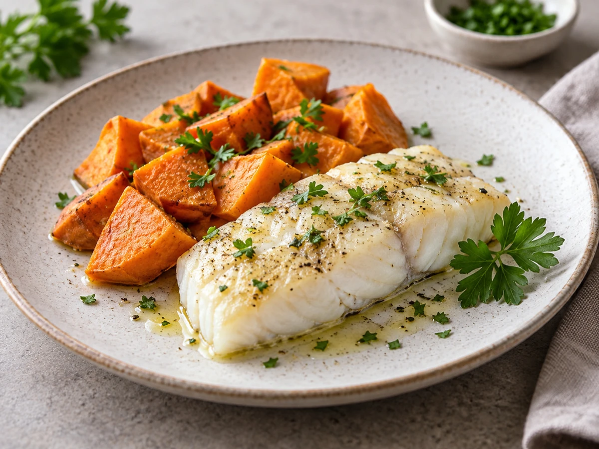 Helles Seelachsfilet neben goldenen Süßkartoffelspalten auf einem Backblech, bestreut mit Petersilie.