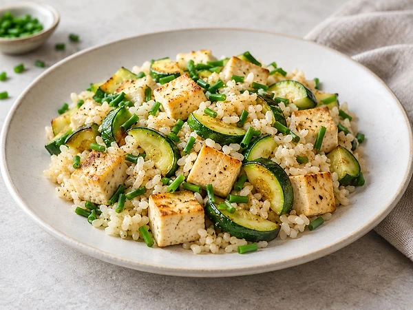 Pfanne mit Tofuwürfeln, Zucchini und Reis, bestreut mit Schnittlauch