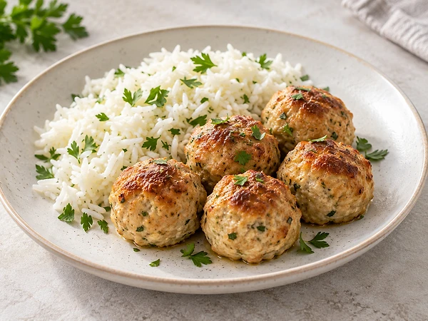 Gebackene Putenhackbällchen mit Petersilie neben einer Portion Basmatireis.