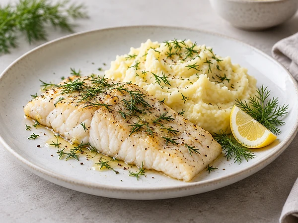 Zartes Seelachsfilet auf cremigem Kartoffelpüree, bestreut mit Dill.
