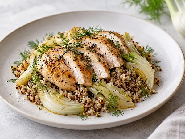 Hähnchenbrust in Scheiben auf Quinoa mit weich gedünstetem Fenchel und Dill auf einem Teller.