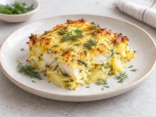 Kabeljau-Kartoffel-Auflauf in einer Form, mit Dill bestreut.