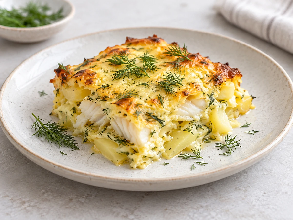 Kabeljau-Kartoffel-Auflauf in einer Form, mit Dill bestreut.