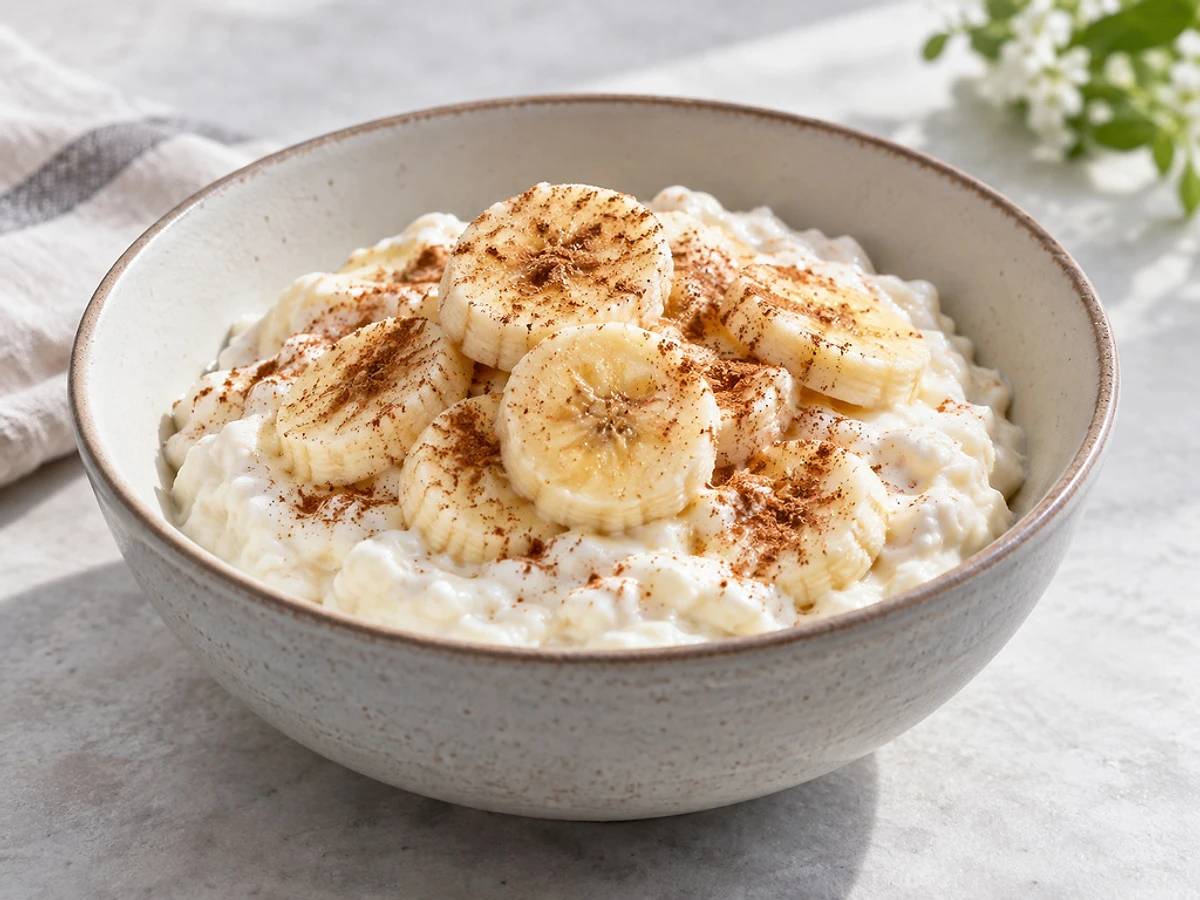 Schale mit cremigem Magerquark, Bananenscheiben und einer Prise Zimt.