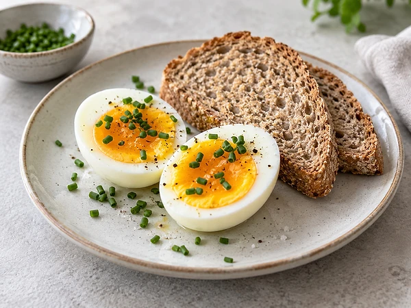 Zwei halbierte hart gekochte Eier mit Schnittlauch neben einer Scheibe Dinkelbrot.