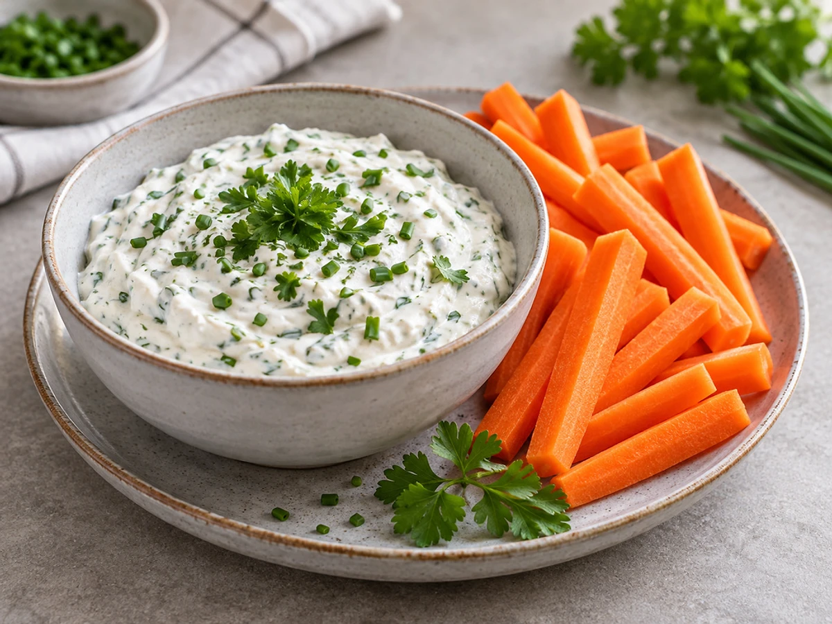 Schälchen mit cremigem Quark-Dip und frischen Kräutern, umgeben von Möhren-Sticks.