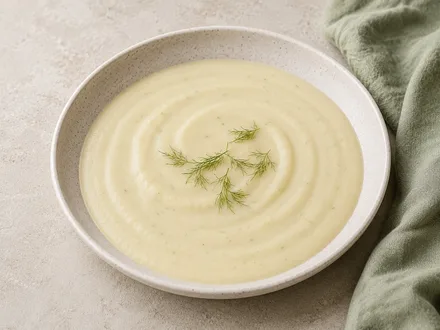 Helle Fenchel-Kartoffel-Cremesuppe mit Fenchelgrün in einer hellen Schale