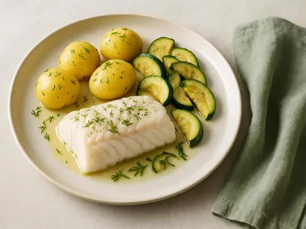 Gedämpftes Kabeljaufilet mit Dillkartoffeln und Zucchini auf einem hellen Teller