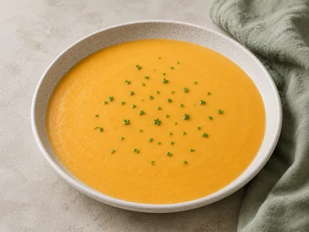 Orangefarbene Karotten-Kartoffel-Cremesuppe mit feinen Kräutern in einer hellen Schale