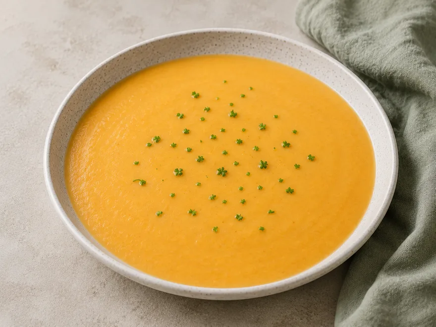 Orangefarbene Karotten-Kartoffel-Cremesuppe mit feinen Kräutern in einer hellen Schale