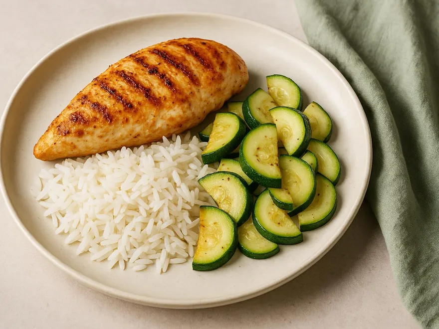 Gegrillte Hähnchenbrust mit weißem Reis und gedünsteten Zucchini auf einem hellen Teller