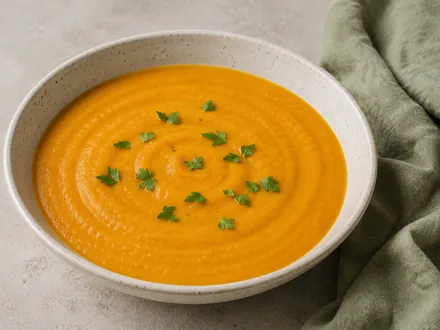 Cremige orangefarbene Kürbis-Kartoffel-Suppe mit Petersilie in einer hellen Schale