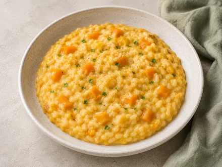 Cremiges Kürbisrisotto mit Hokkaido-Würfeln und Petersilie in einer hellen Schale