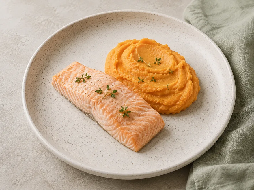 Zart gegartes Lachsfilet mit orangefarbenem Süßkartoffelpüree und Thymian auf einem hellen Teller