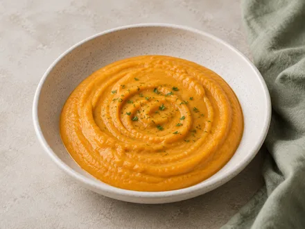 Cremige orange Möhren-Kürbis-Sauce in einer hellen Schale, mit Kräutern bestreut